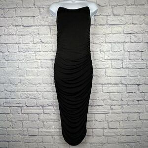 Fiestar‎ Bodycon Dress MED Black Ruched Chiffon Midi Stretch Strapless Y2K Rave